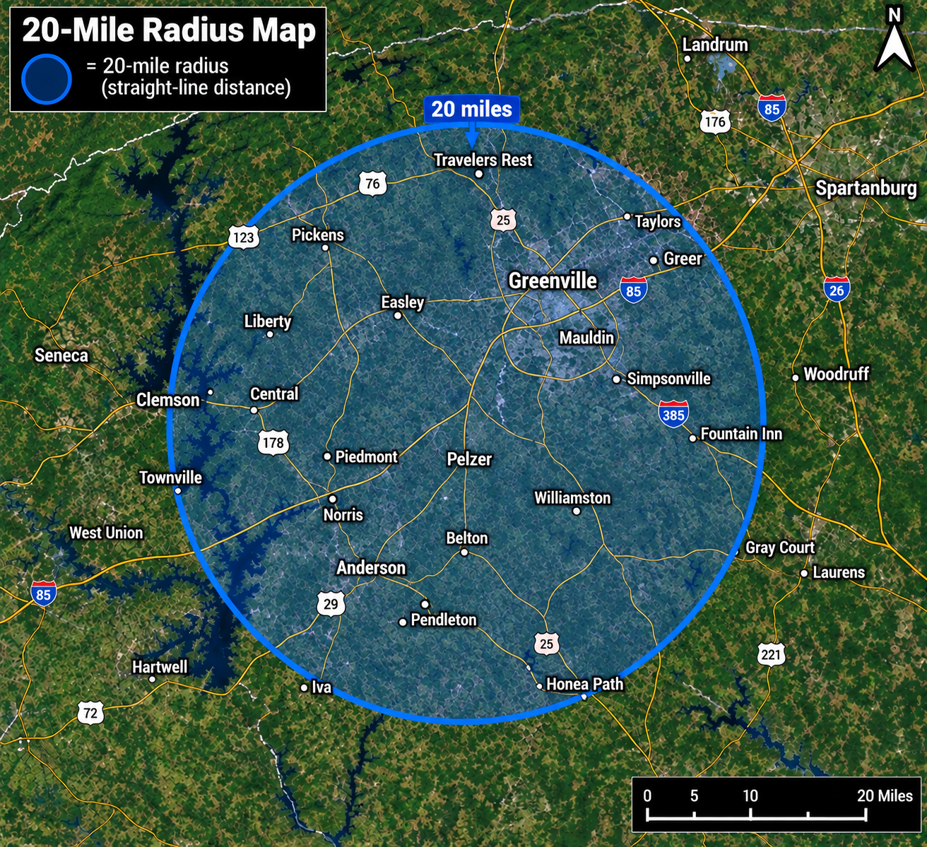 Tote To Go 20-mile core service area map around Pelzer, South Carolina